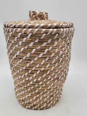 Handwoven Straw & Pink Ribbon Lidded Decorative Waste Basket